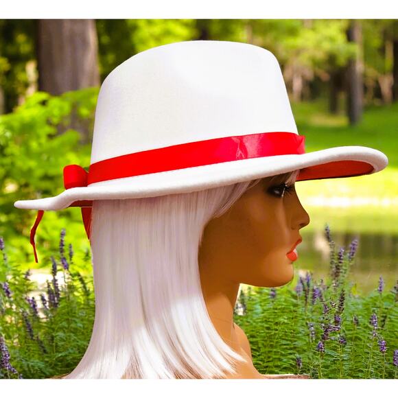 Fedora Hat White Outside Red Inside design with Red Ribbon and Brooch - Picture 4 of 6